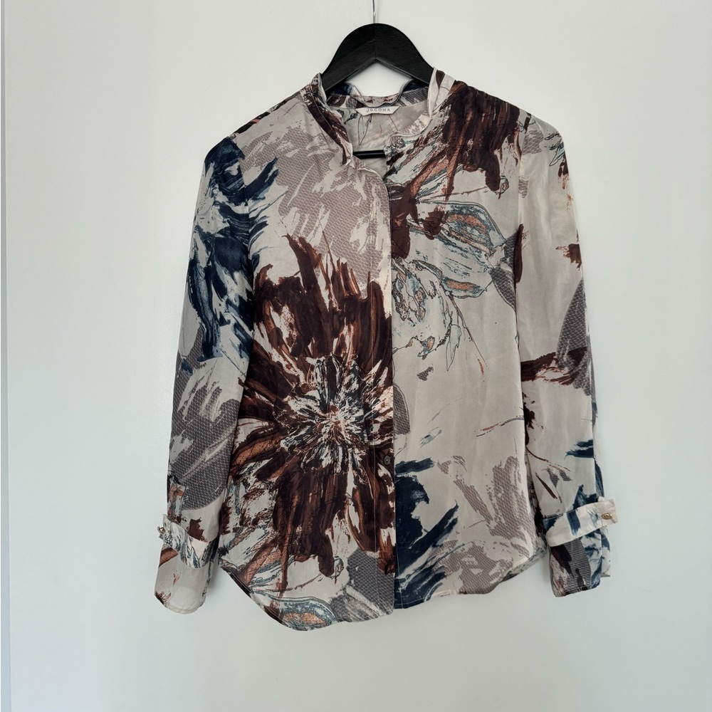 JSCOMA Silk Print Button Down Blouse